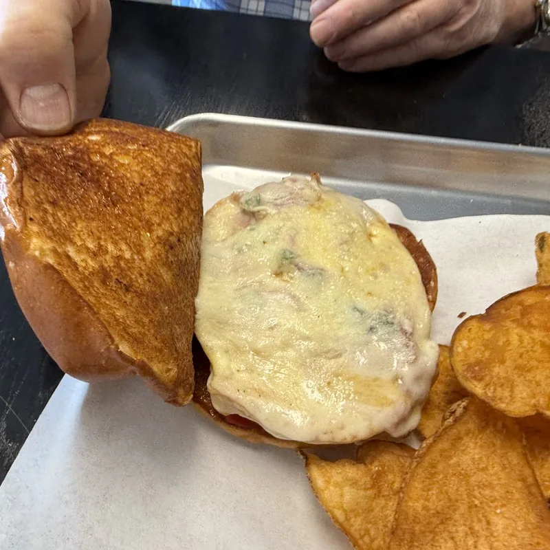 Melted cheese panini sandwich fresh off the press